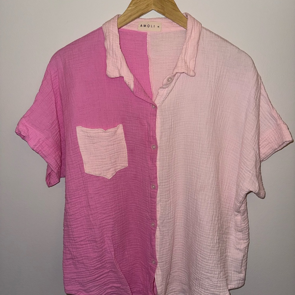 Amoli Linen Pink Colorblock Button-Up Blouse